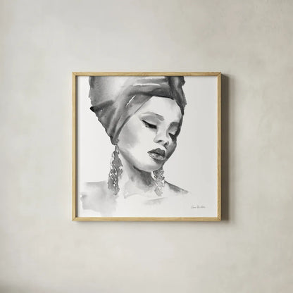 Woman II BW Crop by Aimee Del Valle. Shown in a natural wood glass frame for a timeless modern aesthetic. Available as an archival giclee rolled canvas, fine art paper, or poster print. SKU 67207a.