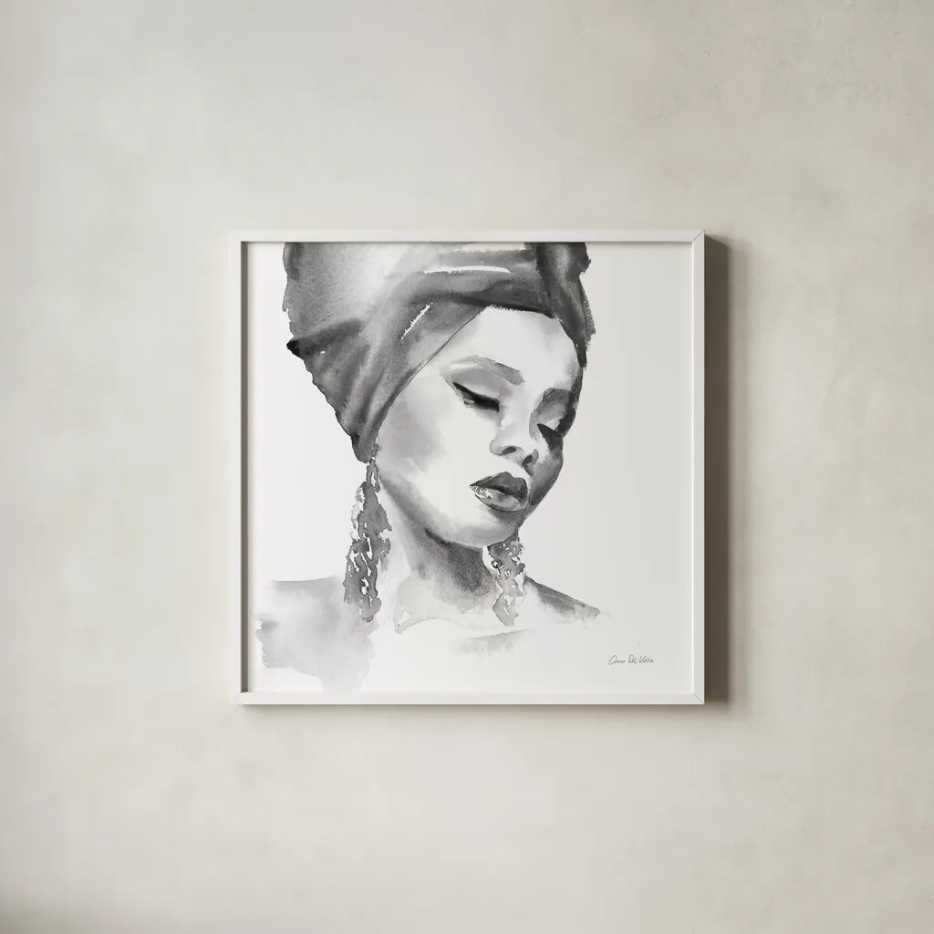 Woman II BW Crop by Aimee Del Valle. Shown in a crisp white glass frame for a clean and minimalist style. Available as an archival giclee rolled canvas, fine art paper, or poster print. SKU 67207a.