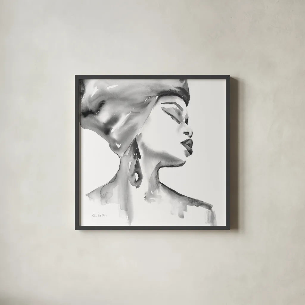 Woman III BW Crop by Aimee Del Valle. Shown in a sleek black glass frame for a contemporary gallery look. Available as an archival giclee rolled canvas, fine art paper, or poster print. SKU 67208a.