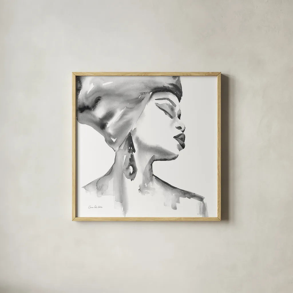 Woman III BW Crop by Aimee Del Valle. Shown in a natural wood glass frame for a timeless modern aesthetic. Available as an archival giclee rolled canvas, fine art paper, or poster print. SKU 67208a.