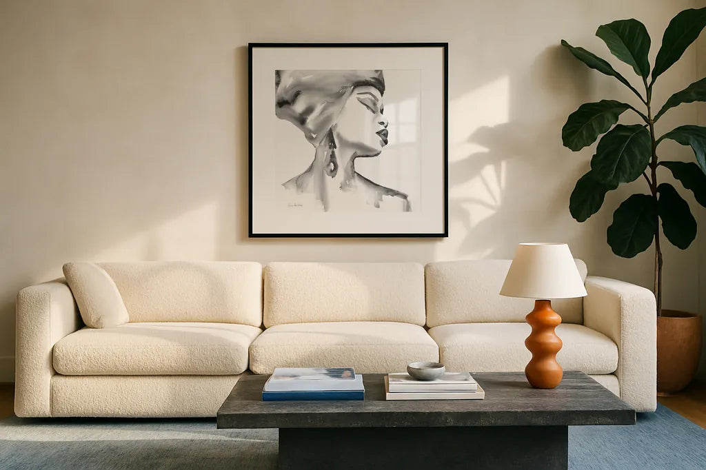 Woman III BW Crop by Aimee Del Valle. Displayed in a glass frame with matte in a clean modern living room. Available as an archival giclee rolled canvas, fine art paper, or poster print. SKU 67208a.