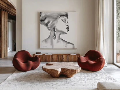 Woman III BW Crop by Aimee Del Valle. Shown as extra-large giant wall art in a modern living room. Available as an archival giclee rolled canvas, fine art paper, or poster print. SKU 67208a.