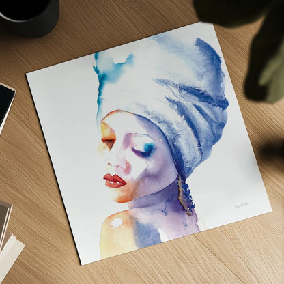 Woman in Blue Crop by Aimee Del Valle. Shown as a detailed flat fine art print, highlighting archival giclee quality. Available as an archival giclee rolled canvas, fine art paper, or poster print. SKU 65111a.