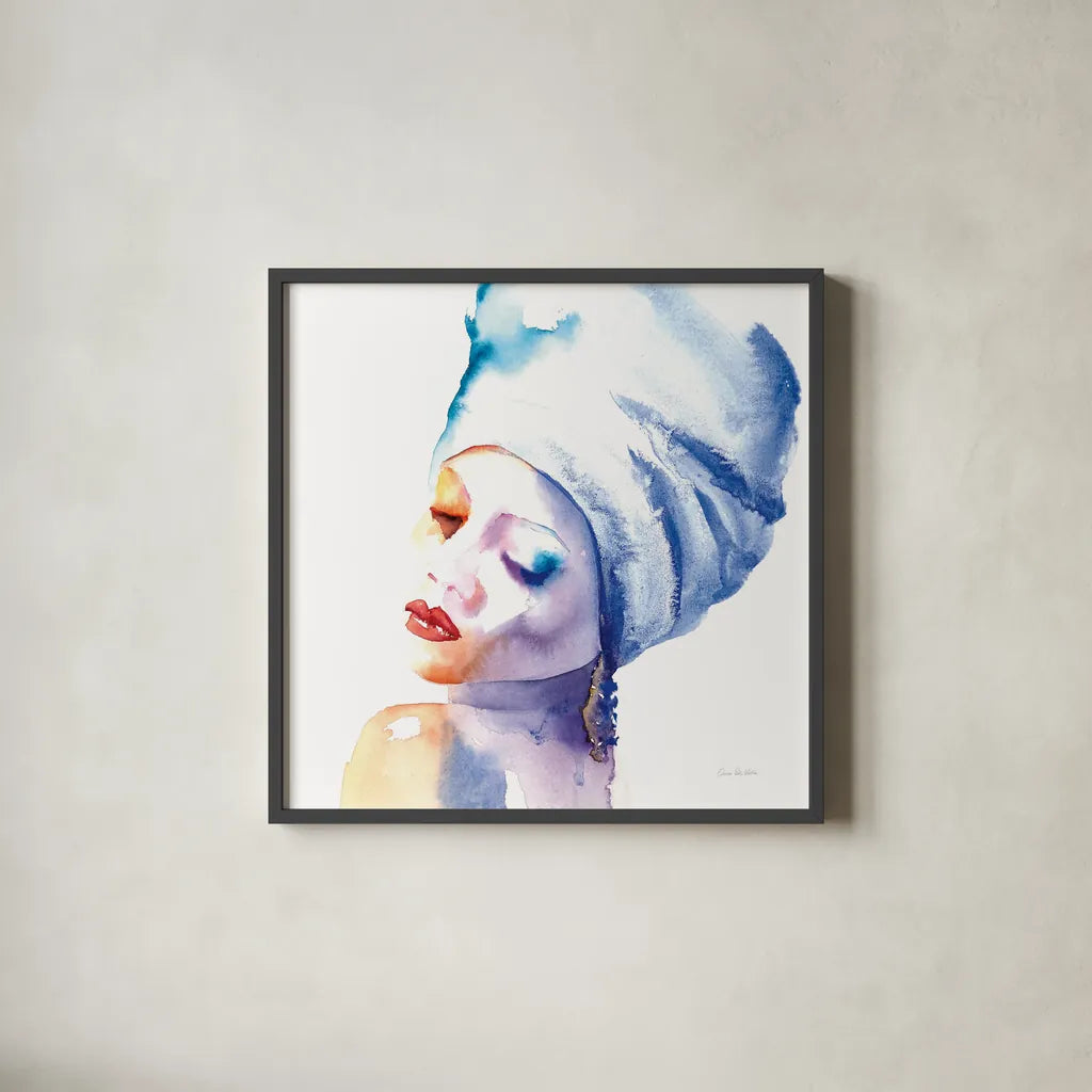 Woman in Blue Crop by Aimee Del Valle. Shown in a sleek black glass frame for a contemporary gallery look. Available as an archival giclee rolled canvas, fine art paper, or poster print. SKU 65111a.
