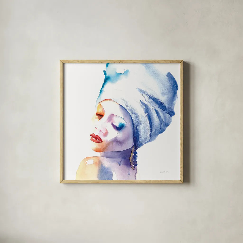 Woman in Blue Crop by Aimee Del Valle. Shown in a natural wood glass frame for a timeless modern aesthetic. Available as an archival giclee rolled canvas, fine art paper, or poster print. SKU 65111a.