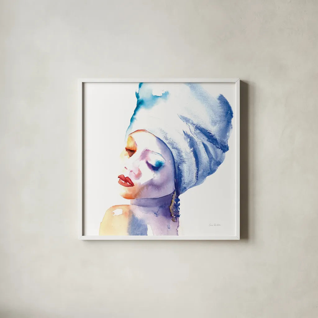 Woman in Blue Crop by Aimee Del Valle. Shown in a crisp white glass frame for a clean and minimalist style. Available as an archival giclee rolled canvas, fine art paper, or poster print. SKU 65111a.