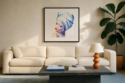 Woman in Blue Crop by Aimee Del Valle. Displayed in a glass frame with matte in a clean modern living room. Available as an archival giclee rolled canvas, fine art paper, or poster print. SKU 65111a.