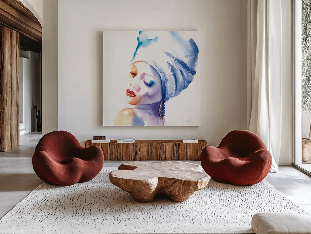 Woman in Blue Crop by Aimee Del Valle. Shown as extra-large giant wall art in a modern living room. Available as an archival giclee rolled canvas, fine art paper, or poster print. SKU 65111a.