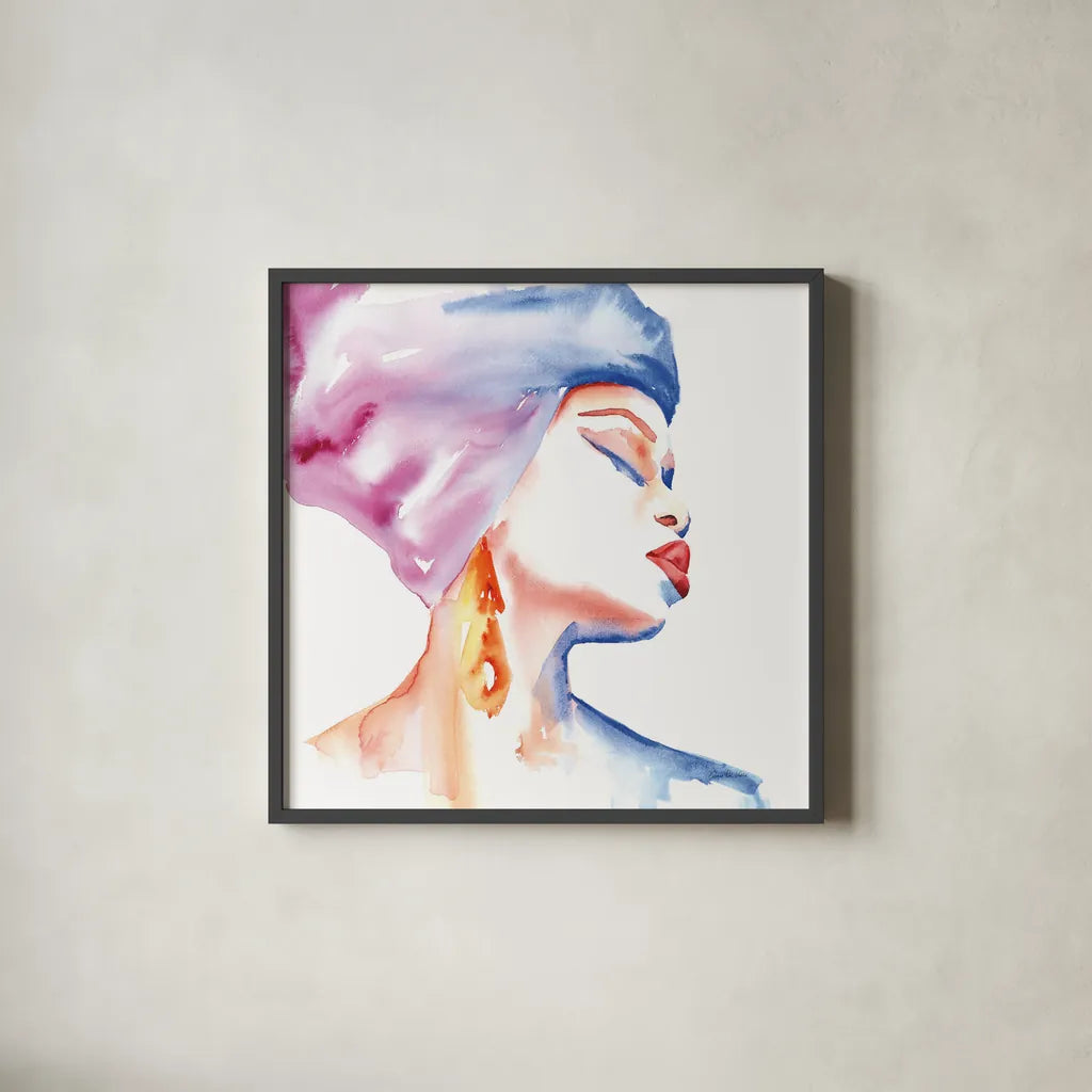 Woman in Purple Crop by Aimee Del Valle. Shown in a sleek black glass frame for a contemporary gallery look. Available as an archival giclee rolled canvas, fine art paper, or poster print. SKU 65112a.