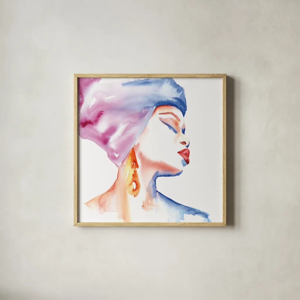 Woman in Purple Crop by Aimee Del Valle. Shown in a natural wood glass frame for a timeless modern aesthetic. Available as an archival giclee rolled canvas, fine art paper, or poster print. SKU 65112a.