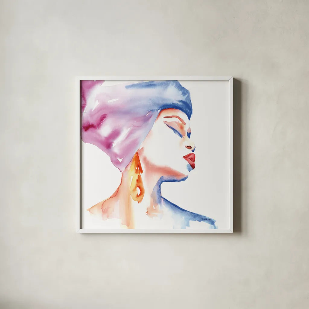Woman in Purple Crop by Aimee Del Valle. Shown in a crisp white glass frame for a clean and minimalist style. Available as an archival giclee rolled canvas, fine art paper, or poster print. SKU 65112a.