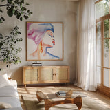 Woman in Purple Crop by Aimee Del Valle. Shown in a natural wood frame in a cozy modern living room. Available as an archival giclee rolled canvas, fine art paper, or poster print. SKU 65112a.
