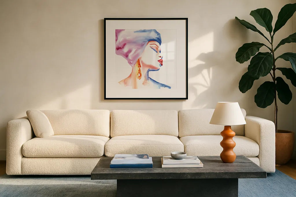 Woman in Purple Crop by Aimee Del Valle. Displayed in a glass frame with matte in a clean modern living room. Available as an archival giclee rolled canvas, fine art paper, or poster print. SKU 65112a.