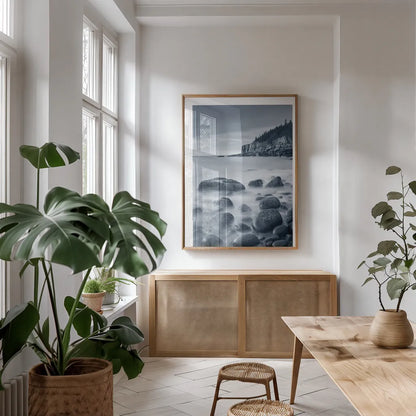 Acadia Coast by Alan Majchrowicz. shown as a print in a natural wood frame in a dining room. Available as a archival giclee rolled canvas, fine art paper, or poster print. SKU 33905h.