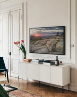 Acadia National Park Sunset by Alan Majchrowicz. shown as a framed stretched canvas in a living room above a console. Available as a archival giclee rolled canvas, fine art paper, or poster print. SKU 53747i.