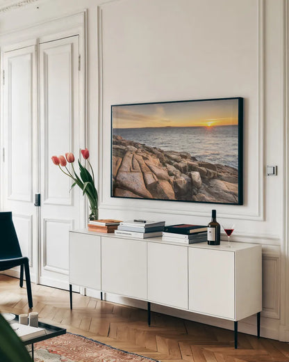 Acadia Sunrise by Alan Majchrowicz. shown as a framed stretched canvas in a living room above a console. Available as a archival giclee rolled canvas, fine art paper, or poster print. SKU 47839i.