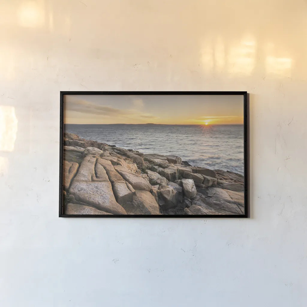 Acadia Sunrise by Alan Majchrowicz. shown as a paper print in a black flame. Available as a archival giclee rolled canvas, fine art paper, or poster print. SKU 47839i.