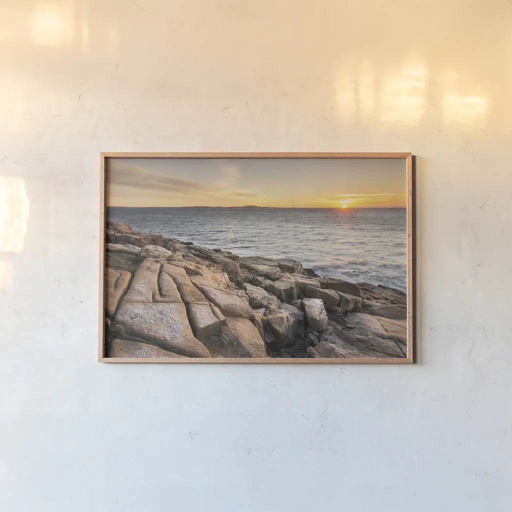 Acadia Sunrise by Alan Majchrowicz. shown as a paper print in a natural frame. Available as a archival giclee rolled canvas, fine art paper, or poster print. SKU 47839i.