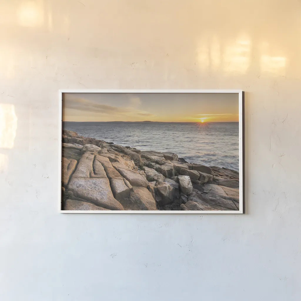 Acadia Sunrise by Alan Majchrowicz. shown as a paper print in a white frame. Available as a archival giclee rolled canvas, fine art paper, or poster print. SKU 47839i.