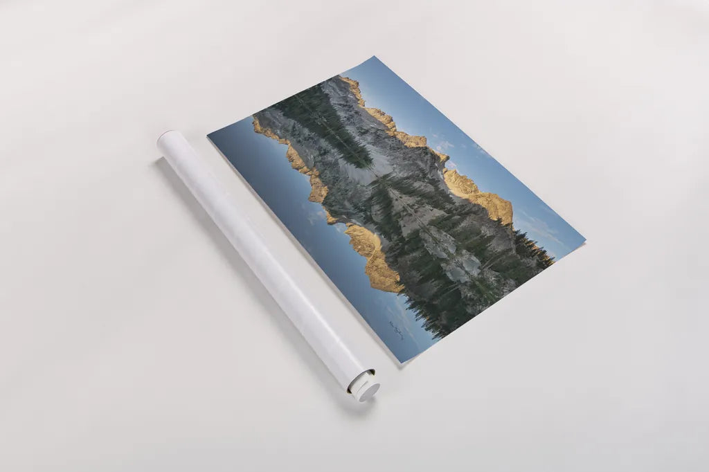 Alice Lake Sawtooh Mountains Idaho by Alan Majchrowicz. shown as a rolled paper print. Available as archival giclee rolled canvas, fine art paper, or poster print. SKU 81520i.