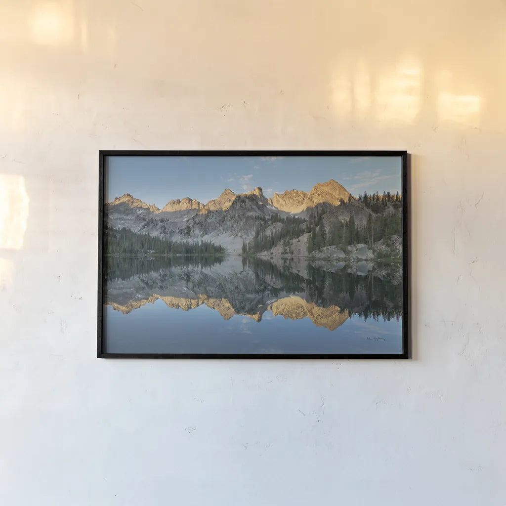 Alice Lake Sawtooh Mountains Idaho by Alan Majchrowicz. shown as a paper print in a black flame. Available as a archival giclee rolled canvas, fine art paper, or poster print. SKU 81520i.