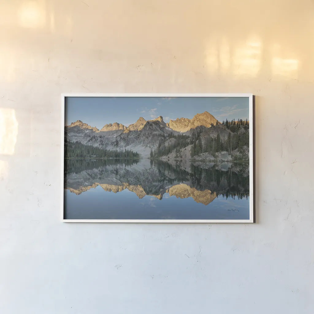 Alice Lake Sawtooh Mountains Idaho by Alan Majchrowicz. shown as a paper print in a white frame. Available as a archival giclee rolled canvas, fine art paper, or poster print. SKU 81520i.