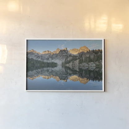 Alice Lake Sawtooh Mountains Idaho by Alan Majchrowicz. shown as a paper print in a white frame. Available as a archival giclee rolled canvas, fine art paper, or poster print. SKU 81520i.