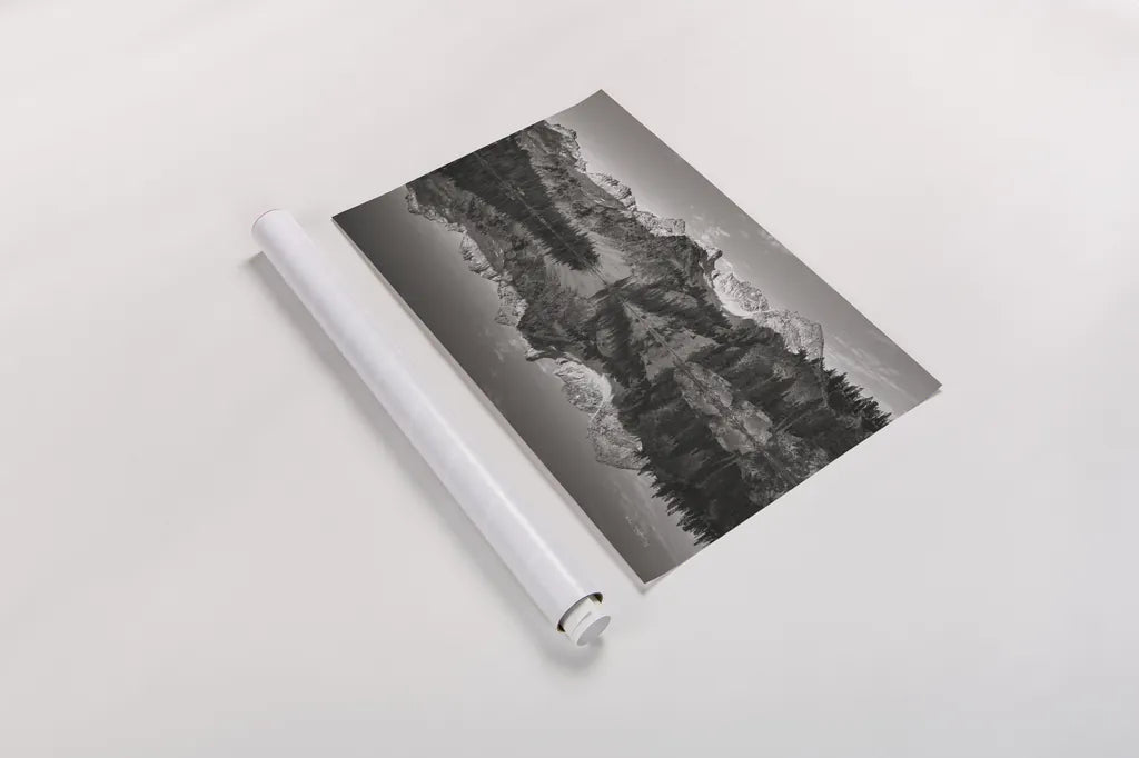Alice Lake Sawtooth Mountains Idaho BW by Alan Majchrowicz. shown as a rolled paper print. Available as archival giclee rolled canvas, fine art paper, or poster print. SKU 81523i.