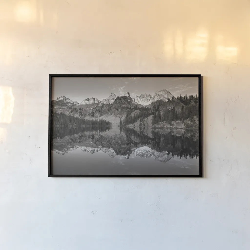 Alice Lake Sawtooth Mountains Idaho BW by Alan Majchrowicz. shown as a paper print in a black flame. Available as a archival giclee rolled canvas, fine art paper, or poster print. SKU 81523i.
