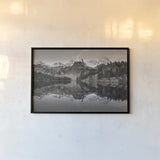 Alice Lake Sawtooth Mountains Idaho BW by Alan Majchrowicz. shown as a paper print in a black flame. Available as a archival giclee rolled canvas, fine art paper, or poster print. SKU 81523i.