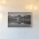Alice Lake Sawtooth Mountains Idaho BW by Alan Majchrowicz. shown as a paper print in a white frame. Available as a archival giclee rolled canvas, fine art paper, or poster print. SKU 81523i.