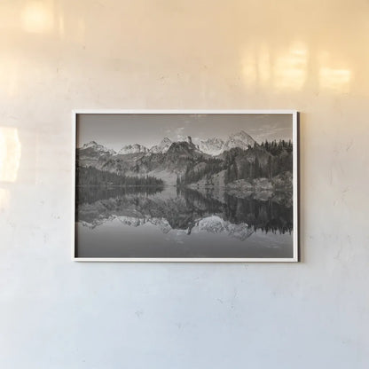 Alice Lake Sawtooth Mountains Idaho BW by Alan Majchrowicz. shown as a paper print in a white frame. Available as a archival giclee rolled canvas, fine art paper, or poster print. SKU 81523i.