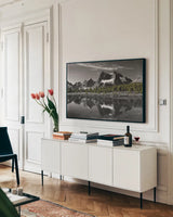 Amethyst Lake Reflection BW with Color by Alan Majchrowicz. shown as a framed stretched canvas in a living room above a console. Available as a archival giclee rolled canvas, fine art paper, or poster print. SKU 28184i.