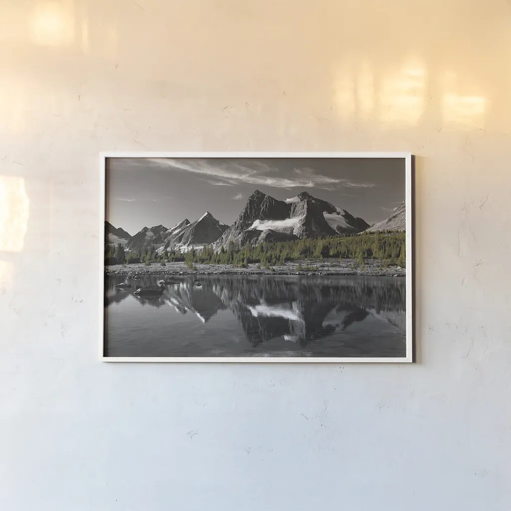 Amethyst Lake Reflection BW with Color by Alan Majchrowicz. shown as a paper print in a white frame. Available as a archival giclee rolled canvas, fine art paper, or poster print. SKU 28184i.