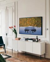 Amherst Lake by Alan Majchrowicz. shown as a framed stretched canvas in a living room above a console. Available as a archival giclee rolled canvas, fine art paper, or poster print. SKU 36204i.