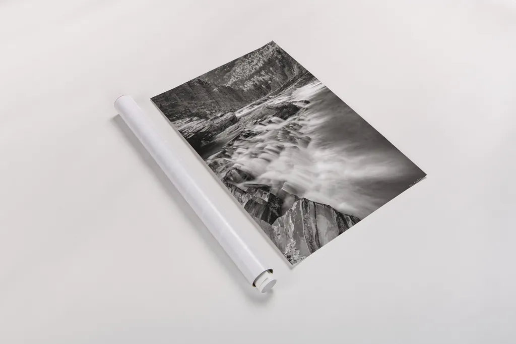 Aspens at McDonald Creek Falls by Alan Majchrowicz. shown as a rolled paper print. Available as archival giclee rolled canvas, fine art paper, or poster print. SKU 43796h.