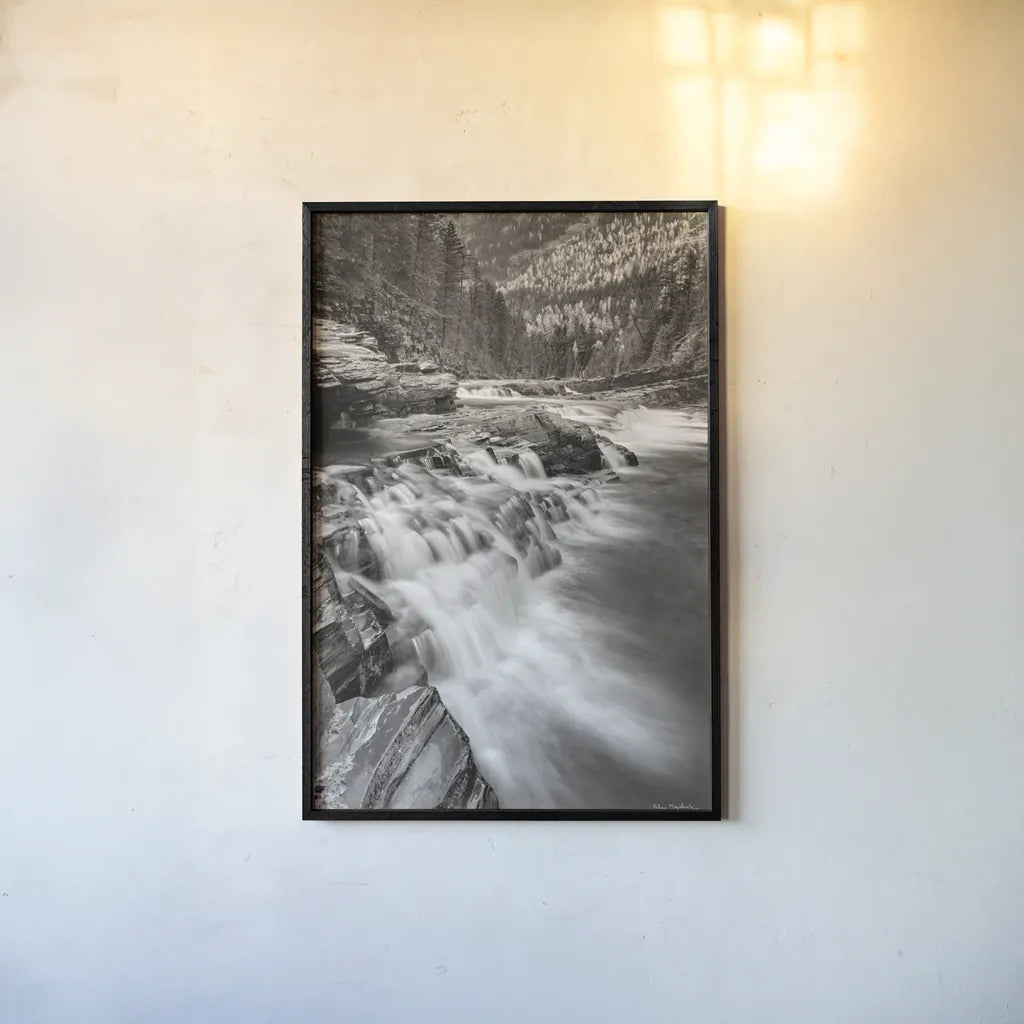 Aspens at McDonald Creek Falls by Alan Majchrowicz. shown as a paper print in a black flame. Available as a archival giclee rolled canvas, fine art paper, or poster print. SKU 43796h.