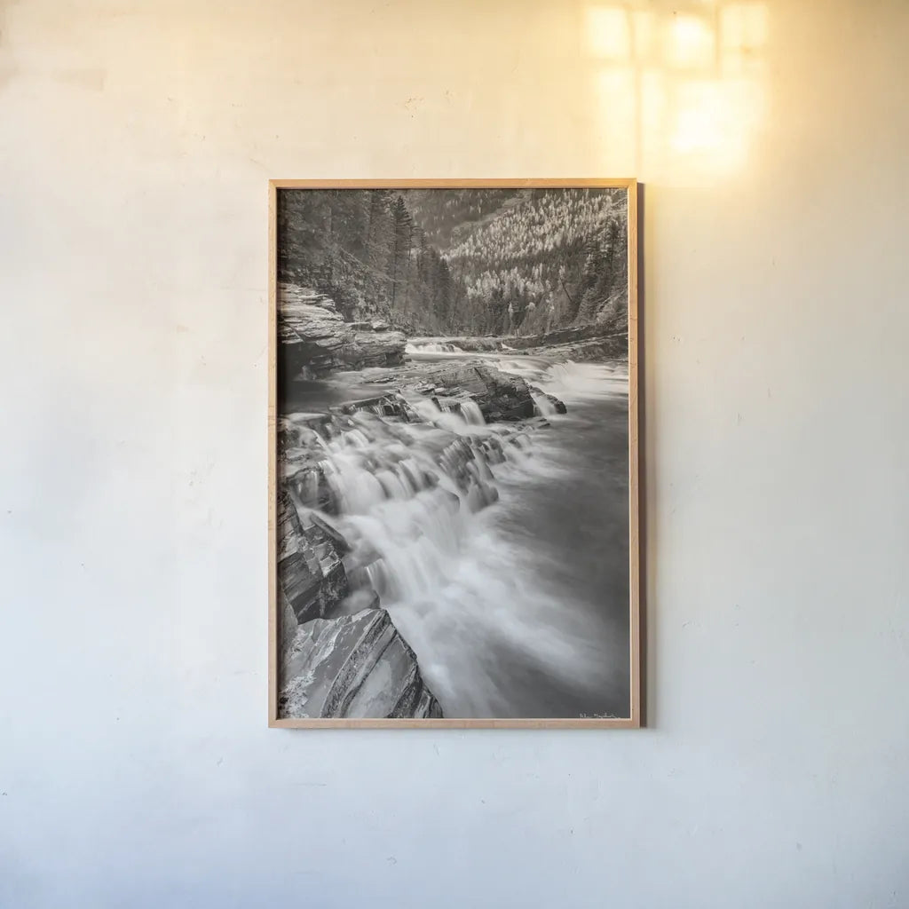 Aspens at McDonald Creek Falls by Alan Majchrowicz. shown as a paper print in a natural frame. Available as a archival giclee rolled canvas, fine art paper, or poster print. SKU 43796h.