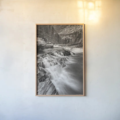 Aspens at McDonald Creek Falls by Alan Majchrowicz. shown as a paper print in a natural frame. Available as a archival giclee rolled canvas, fine art paper, or poster print. SKU 43796h.