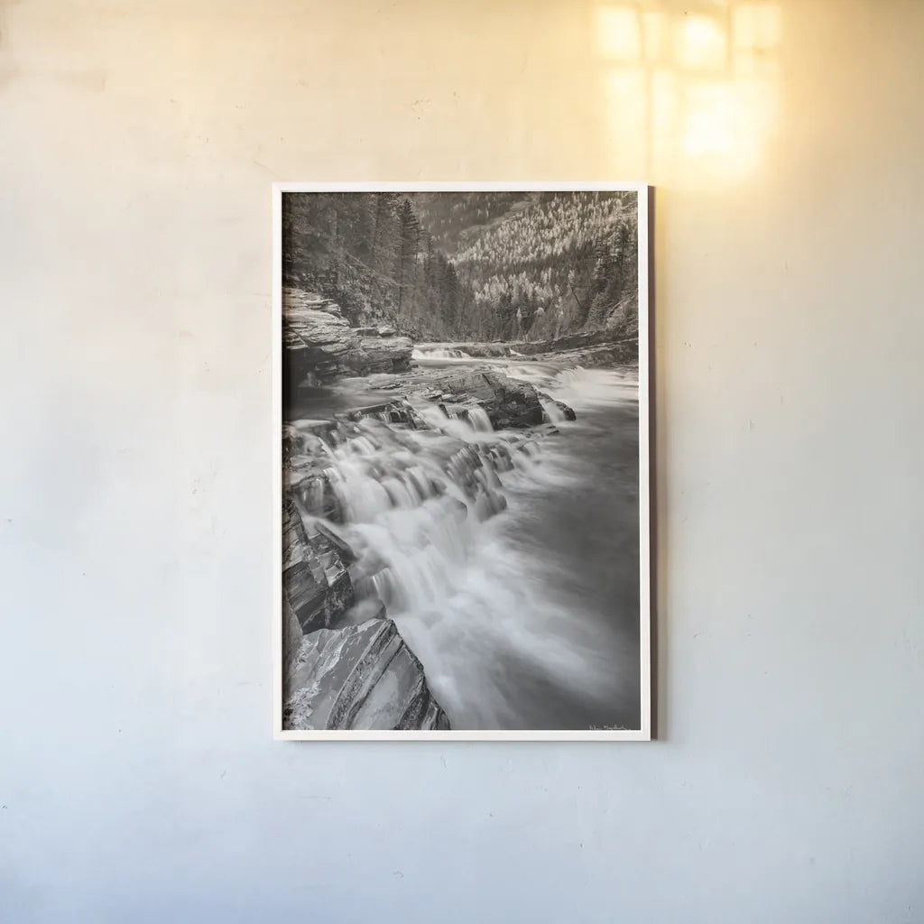 Aspens at McDonald Creek Falls by Alan Majchrowicz. shown as a paper print in a white frame. Available as a archival giclee rolled canvas, fine art paper, or poster print. SKU 43796h.