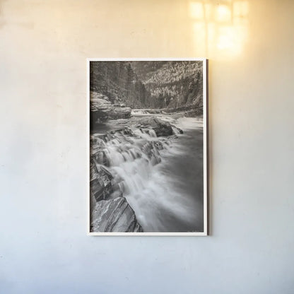 Aspens at McDonald Creek Falls by Alan Majchrowicz. shown as a paper print in a white frame. Available as a archival giclee rolled canvas, fine art paper, or poster print. SKU 43796h.