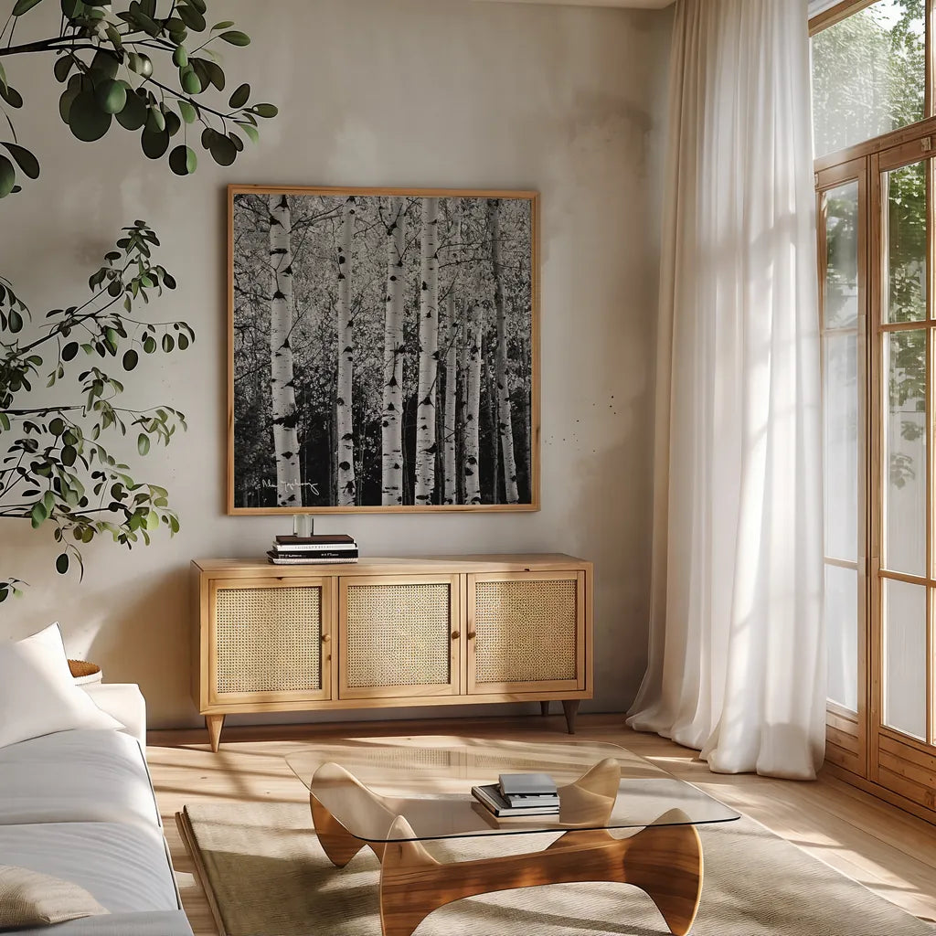 Aspens in Autumn II BW Sq by Alan Majchrowicz. Shown in a natural wood frame in a cozy modern living room. Available as an archival giclee rolled canvas, fine art paper, or poster print. SKU 7892a.