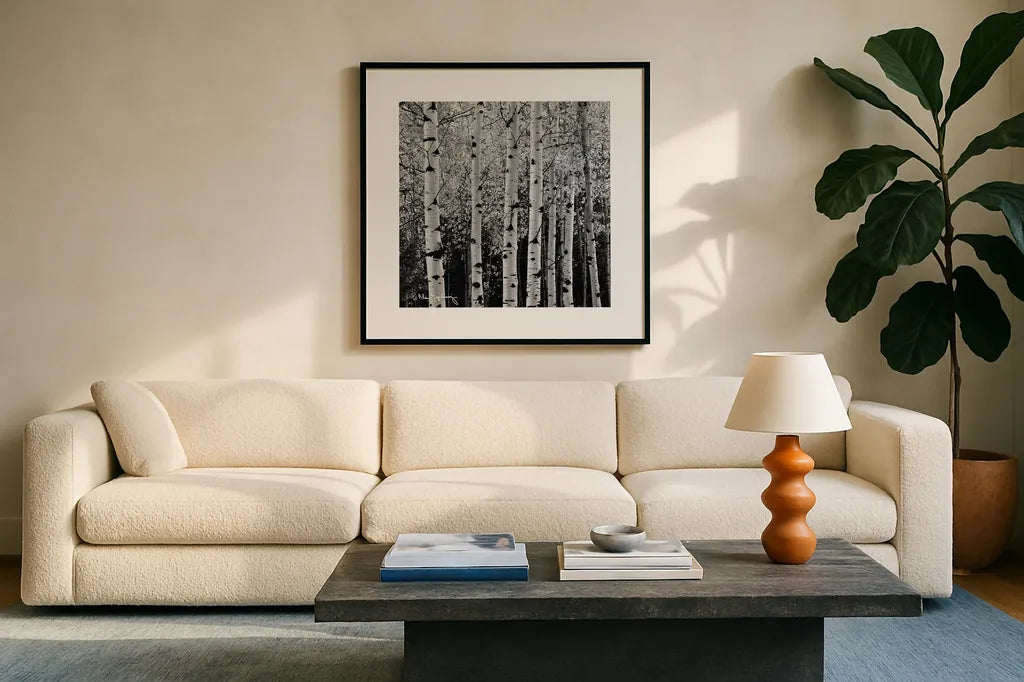 Aspens in Autumn II BW Sq by Alan Majchrowicz. Displayed in a glass frame with matte in a clean modern living room. Available as an archival giclee rolled canvas, fine art paper, or poster print. SKU 7892a.