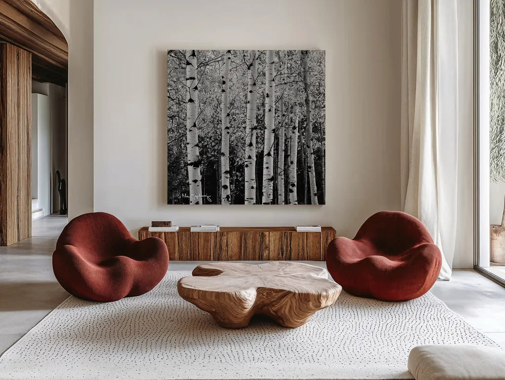 Aspens in Autumn II BW Sq by Alan Majchrowicz. Shown as extra-large giant wall art in a modern living room. Available as an archival giclee rolled canvas, fine art paper, or poster print. SKU 7892a.