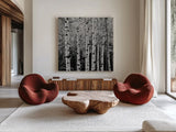 Aspens in Autumn II BW Sq by Alan Majchrowicz. Shown as extra-large giant wall art in a modern living room. Available as an archival giclee rolled canvas, fine art paper, or poster print. SKU 7892a.