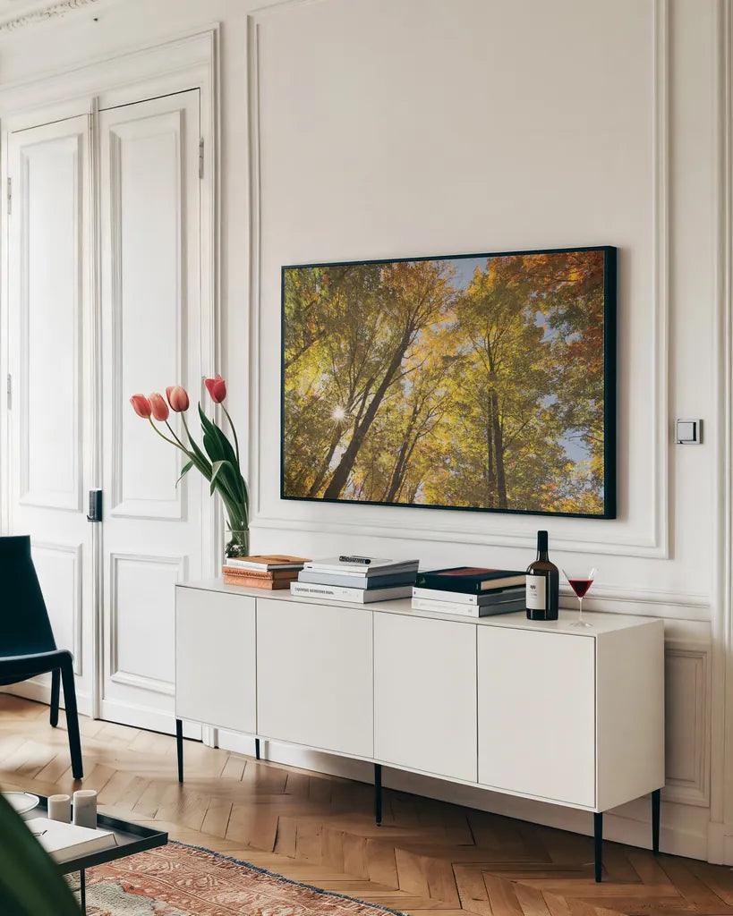 Autumn Forest III by Alan Majchrowicz. shown as a framed stretched canvas in a living room above a console. Available as a archival giclee rolled canvas, fine art paper, or poster print. SKU 30218i.