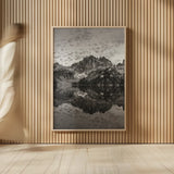 Baron Lake Monte Verita Peak Sawtooh Mountains I BW by Alan Majchrowicz. shown as over sized large wall art. Available as an archival giclee rolled canvas, fine art paper, or poster print. SKU 81524h.