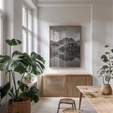 Baron Lake Monte Verita Peak Sawtooh Mountains I BW by Alan Majchrowicz. shown as a print in a natural wood frame in a dining room. Available as a archival giclee rolled canvas, fine art paper, or poster print. SKU 81524h.