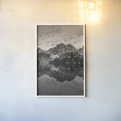 Baron Lake Monte Verita Peak Sawtooh Mountains I BW by Alan Majchrowicz. shown as a paper print in a white frame. Available as a archival giclee rolled canvas, fine art paper, or poster print. SKU 81524h.