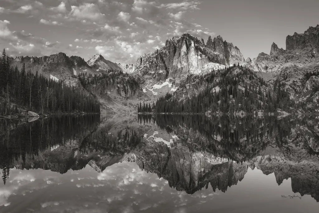 Baron Lake Monte Verita Peak Sawtooh Mountains II BW by Alan Majchrowicz. SKU 81525i. Archival Giclee Fine art print for wall decor.